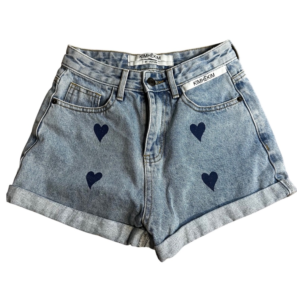KIMHĒKIM Denim Shorts Womens Small Blue Heart Print Cuffed Hem Casual